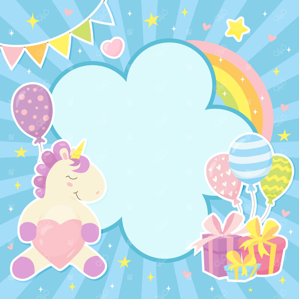 قاب بامزه با یونیکورن‌های کوچک، رنگین‌کمان، هدیه‌ها و بادکنک‌ها