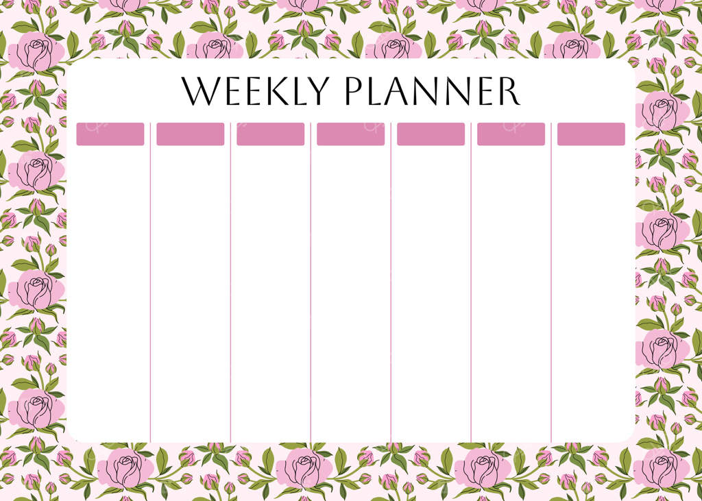 برنامه‌ریز هفتگی با طرح گل‌های شیک: زمینه گل‌های صورتی باغ، شکوفه‌های بهاری و برگ‌ها برای یادداشت‌ها. برنامه‌ریزی دوست‌داشتنی برای هفت روز. قالب طراحی جدول زمانی کودکان. طرح تخت.
