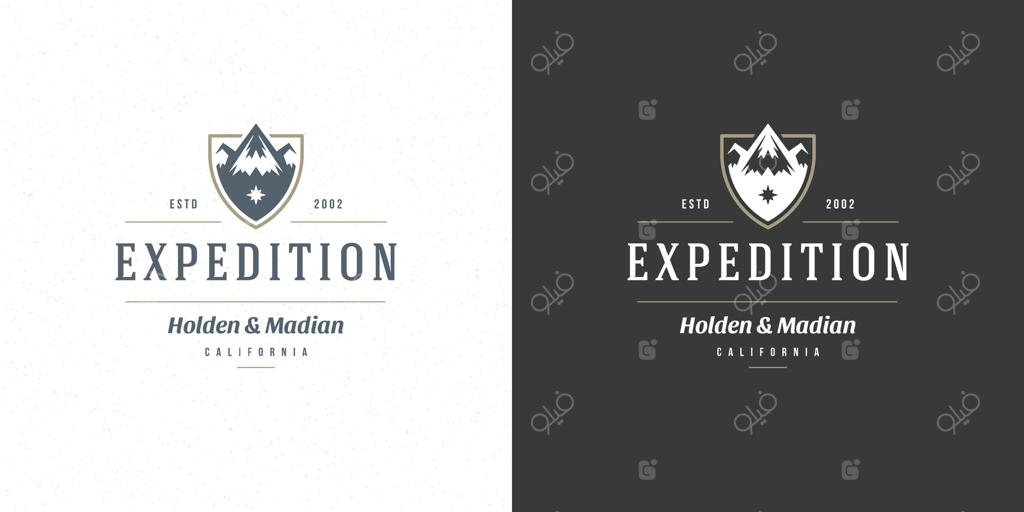 لوگوی کمپینگ کوهستان: طرحی از چشم‌انداز بیرونی، تپه‌های سنگی و سیلوئت برای چاپ روی پیراهن یا مهر