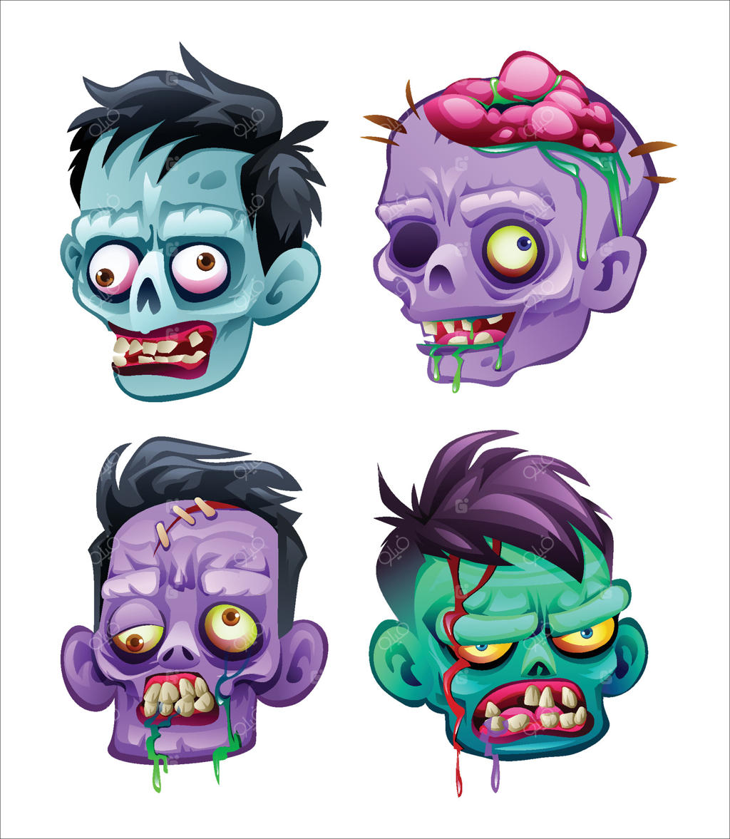 مجموعه‌ای از سرهای زامبی با حالت‌های نگران‌کننده و جراحات مختلف، شامل مغزهای نمایان. تصویر کارتونی