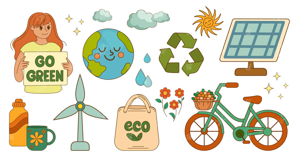 آیکون‌های سبک زندگی دوستدار محیط زیست و مفهوم سبز زندگی: عناصر دوستدار محیط زیست شامل پنل خورشیدی، توربین بادی، نماد بازیافت، دوچرخه، کیسه قابل استفاده مجدد و علامت زندگی سبز. تصویرسازی
