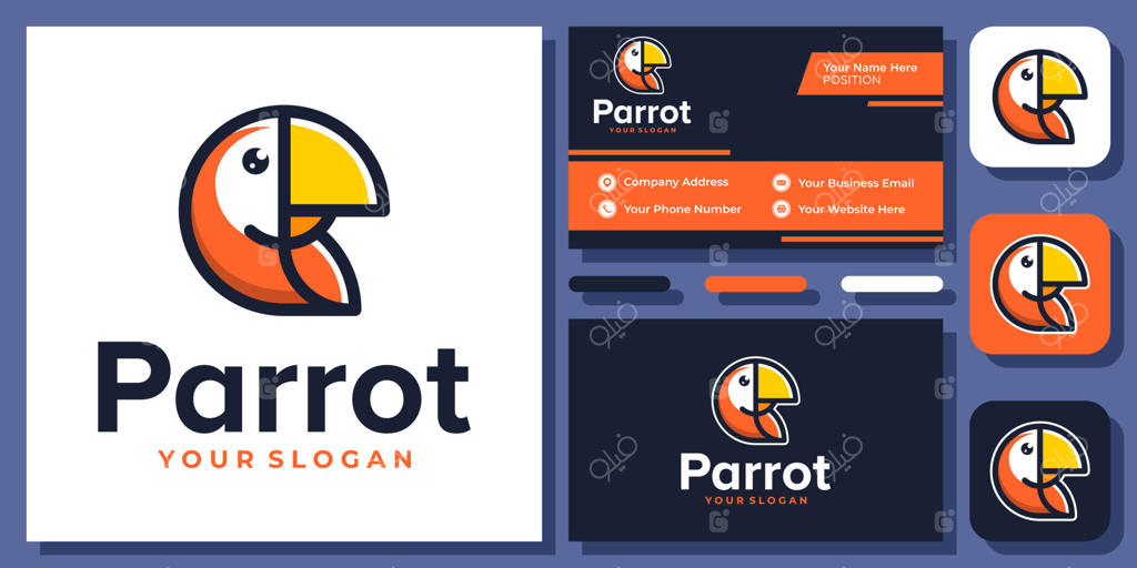 طراحی لوگو با تصویر تخت کارتونی ساده و بامزه پرنده طوطی به همراه قالب کارت ویزیت