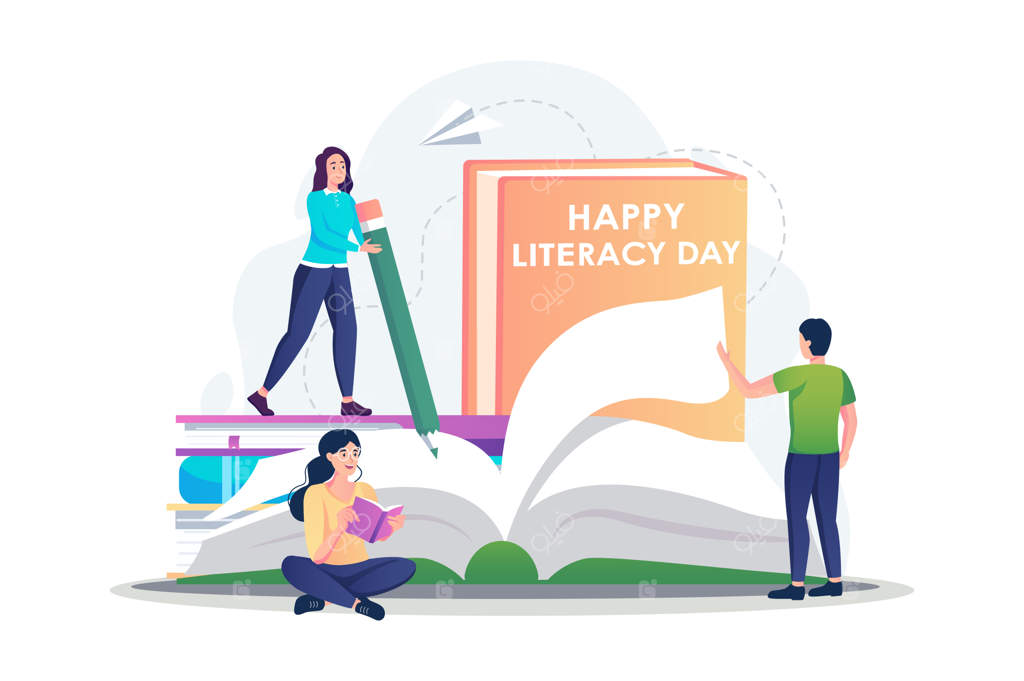 طرح روز سوادآموزی با صحنه‌ای از افراد در طراحی کارتونی تخت: دانش‌آموزان در حال نوشتن مطلب