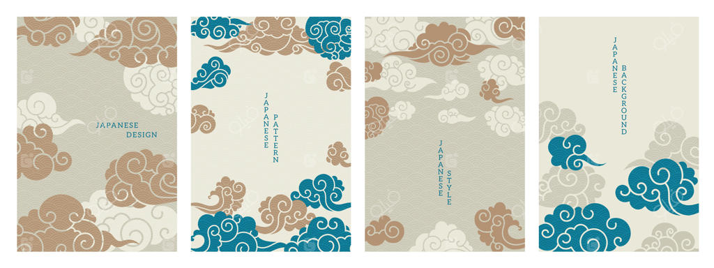 پوسترهای آسیایی با ابرها: طرح جلد A4 با گرافیک سنتی و تزئینی ابر شرقی. مجموعه آثار هنری بروشور چینی، کره‌ای، تبتی و آسیایی به صورت وکتور