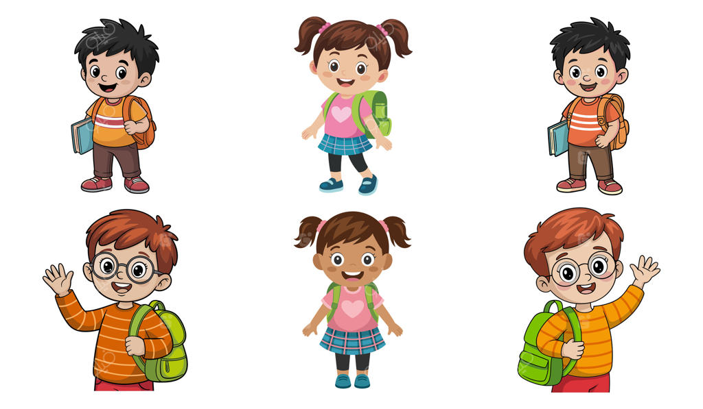 مجموعه‌ای از کودکان شاد کارتونی با کوله‌پشتی و کتاب در لباس‌های بامزه