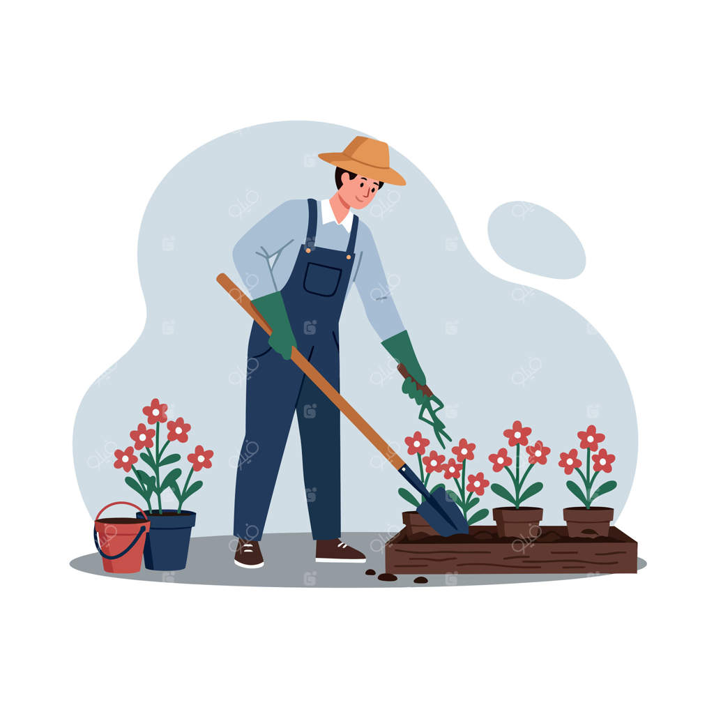 باغبانی با کلاه حصیری در حال رسیدگی به گل‌های رنگارنگ با بیل؛ تصویر تخت و شادمانه