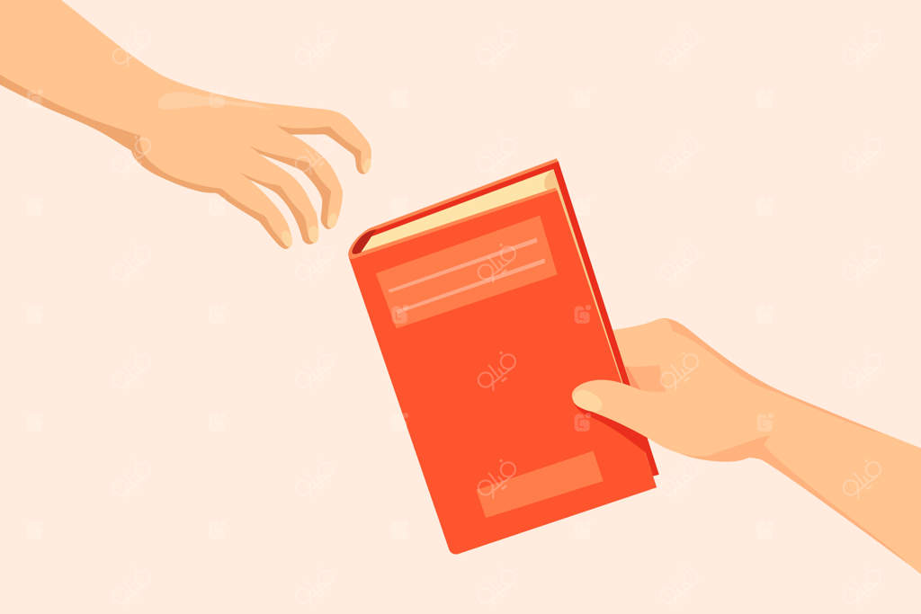 دست اهدا کننده کتاب: تبادل کتاب‌ها، داد و ستد دانش، هدیه خواندن، اشتراک گذاری در کتابخانه مدرسه - تصویر برداری کارتونی