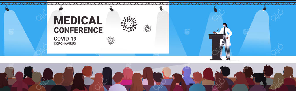 تصویر وکتور افقی از پزشک زن آفریقایی-آمریکایی در حال سخنرانی پشت تریبون با میکروفون در کنفرانس پزشکی؛ با مفهوم بهداشت، درمان و همه‌گیری کووید-۱۹ در فضای داخلی سالن همایش