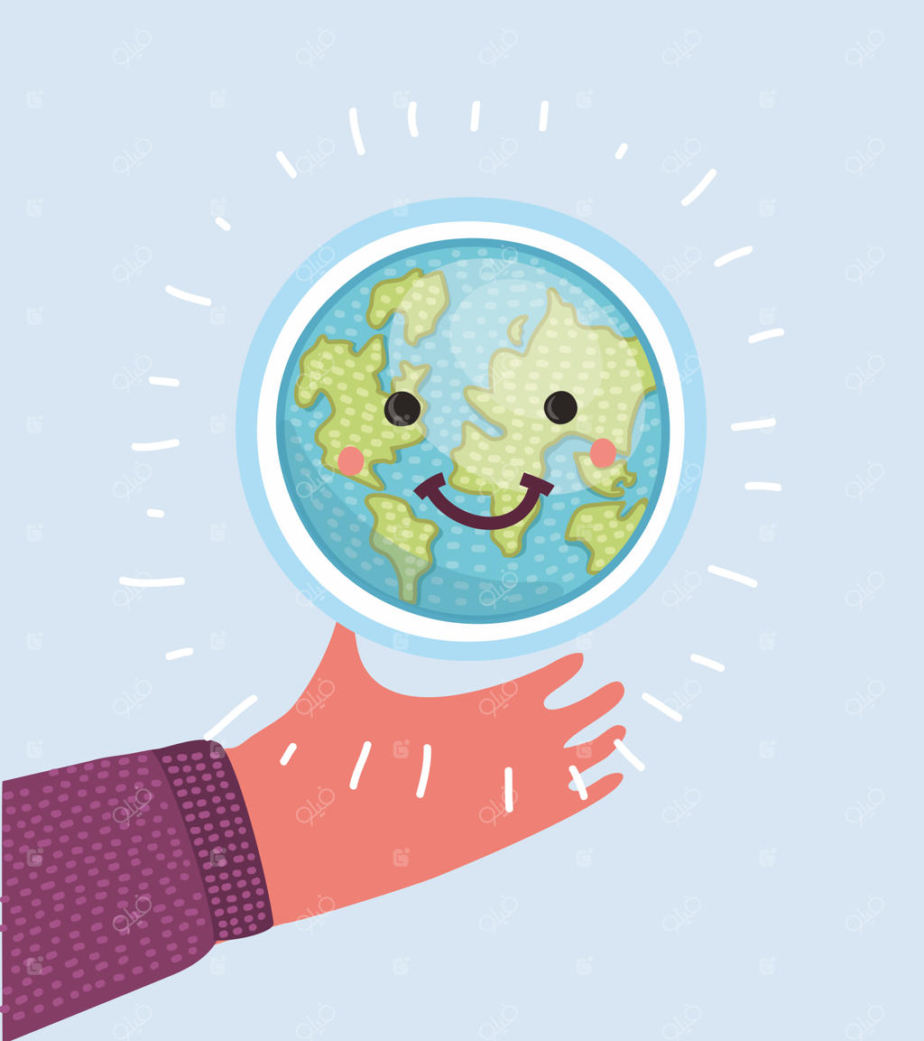 تصویر کارتونی وکتوری از دستی که کره زمین با چهره خندان و بامزه را نگه داشته است