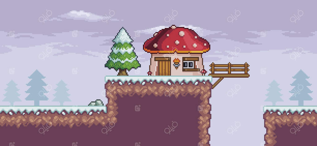 صحنه بازی پیکسل آرت در برف با درختان کاج، خانه، پل و ابرها با پس‌زمینه ۸ بیتی برداری