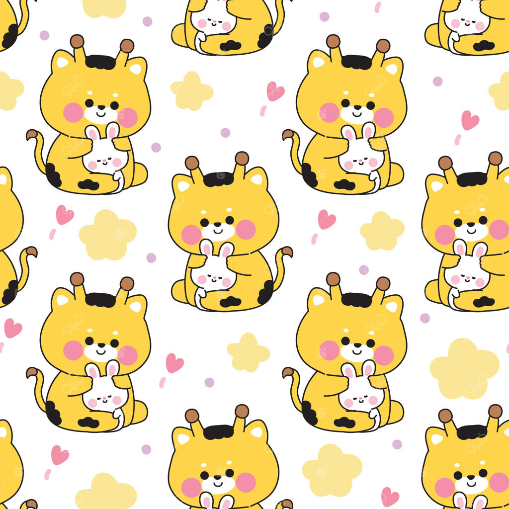 پترن هماهنگ عروسک زرافه بامزه با در آغوش گرفتن خرگوش کوچولو با زمینه‌ای از ستاره و قلب. دوستی و عشق. شخصیت حیوانات وحشی و جونده. کارتون کاوایی. تصویرسازی.