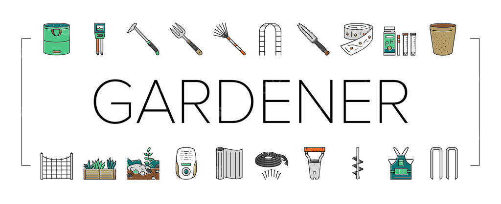 مجموعه آیکون ابزارهای باغبانی: بیل، چنگک و غیره - وکتور