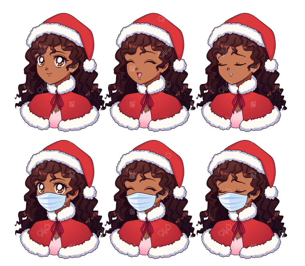 دختر کارتونی آفریقایی-آمریکایی با لباس کریسمس و ماسک پزشکی