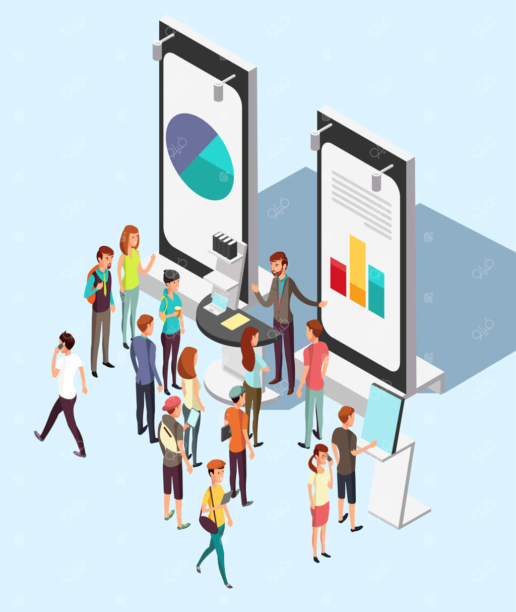 ازدحام مردم در غرفه تبلیغاتی نمایشگاه، نمای ایزومتریک بازار خرده‌فروشی