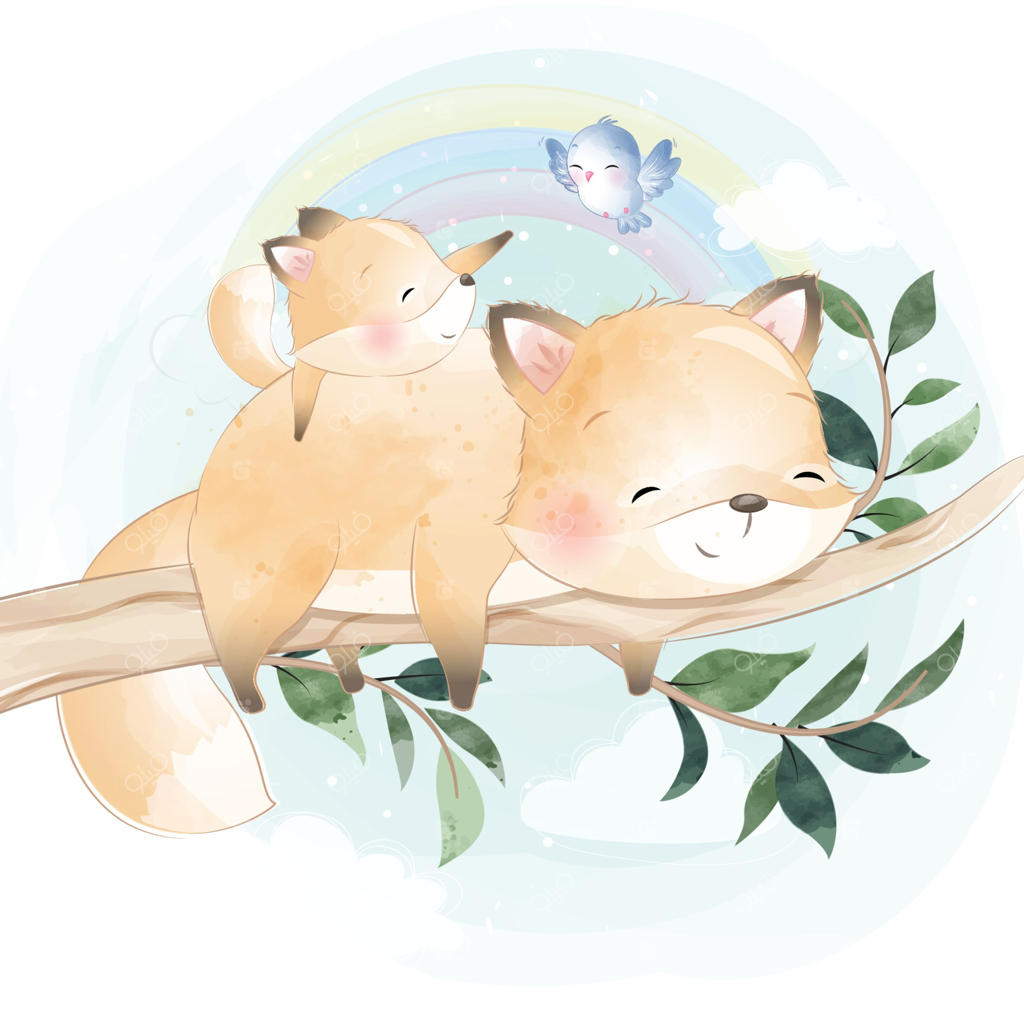 تصویرسازی بامزه مادر و بچه روباه