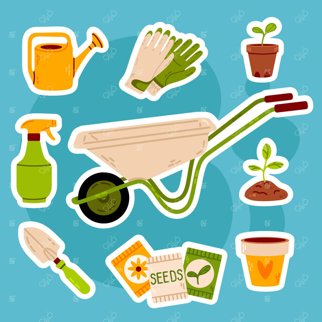 مجموعه‌ای از برچسب‌های تزئینی با طرح باغبانی شامل ابزارها، گیاهان، فرغون، دستکش، چکمه، آب‌پاش و بسته‌های بذر. مناسب برای برنامه‌ریزان باغ و دکوراسیون منزل.