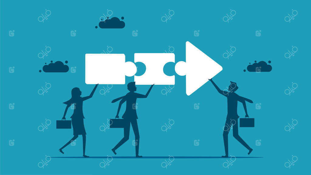 افراد تجاری در حال نگه‌داشتن قطعه پازلی با یک فلش به سوی آن