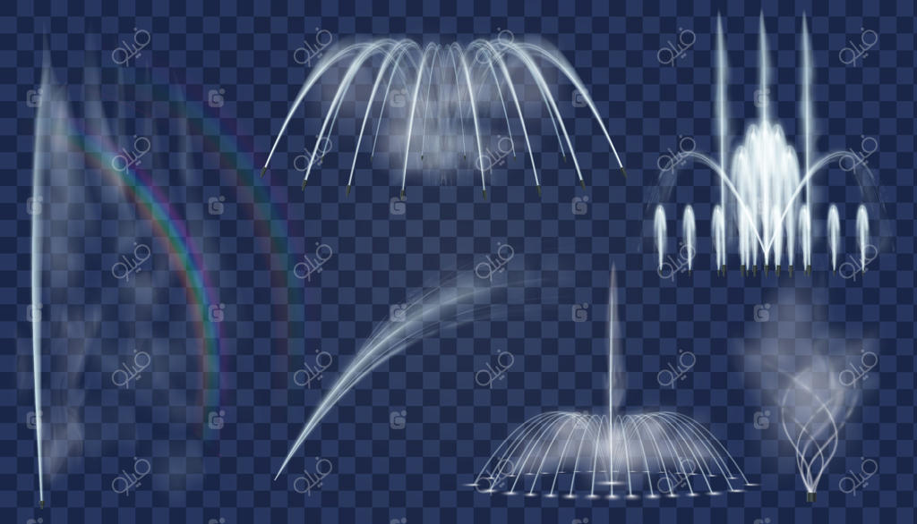 فواره‌های واقعی: مجموعه وکتور آبنماهای ۳ بعدی با جت‌های آبی تزئینی و پاشش منحنی برای پارک