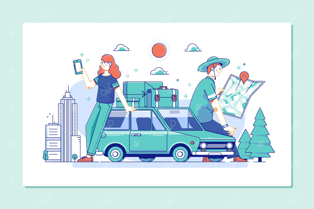 دو گردشگر در خیابان با استفاده از راهنمای شهر و جی‌پی‌اس گوشی به دنبال مکان‌ها می‌گردند