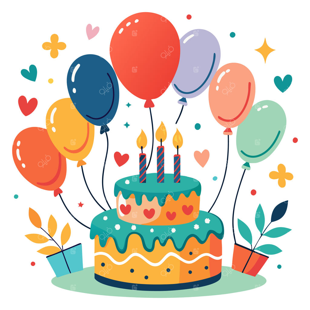 کیک تولد با شمع در میان بادکنک‌های رنگارنگ