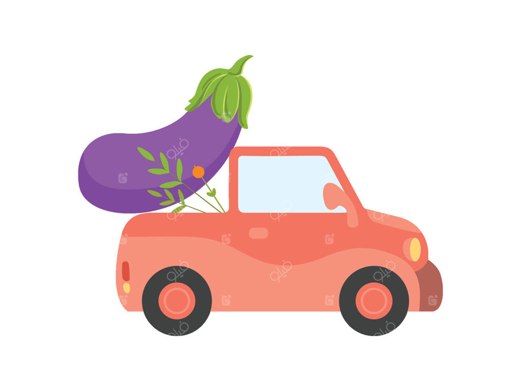 ماشین قرمز بامزه در حال حمل بادمجان غول‌پیکر: نمای جانبی و ارسال سبزیجات تازه باغی (تصویرسازی)