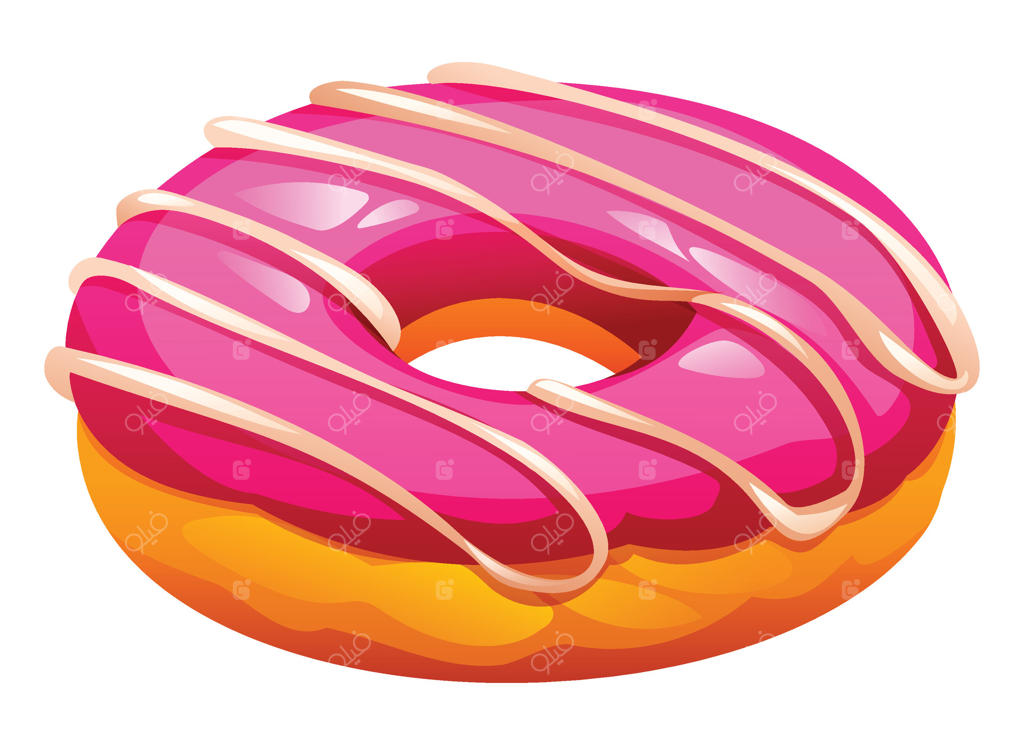 تصویر کارتونی دونات با طعم توت‌فرنگی و روکش صورتی با خطوط وانیلی روی پس‌زمینه سفید
