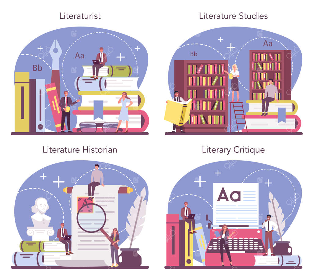 مفهوم ادبیات شناسی حرفه‌ای: دانشمند در حال مطالعه و پژوهش در آثار ادبی، تاریخ ادبیات، ژانرها و نقد ادبی. تصویرسازی وکتوری تخت