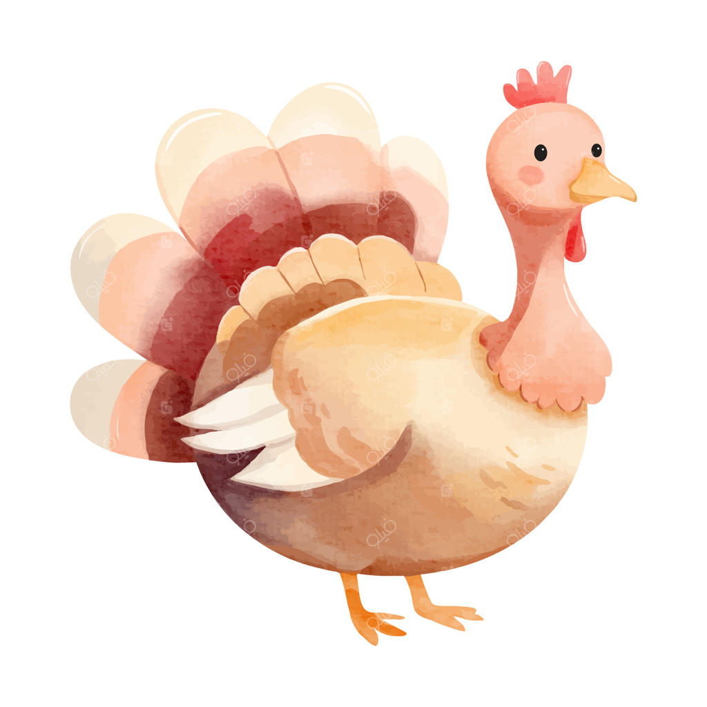 بوقلمون بامزه به سبک آبرنگ. حیوانات مزرعه با نقاشی دستی. بوقلمون آبرنگی