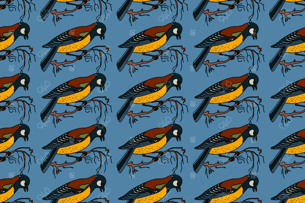 طرح انتزاعی گیاه‌شناسی با تصویرسازی پرندگان باغ. پترن کارتونی رنگارنگ مکرر با زمینه آبی. طراحی گرافیکی برای مد، چاپ پارچه و کارت.