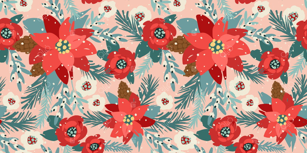 طرح یکپارچه کریسمس و سال نو مبارک. درخت کریسمس، گل‌ها، و توت‌ها. نمادهای سال نو. پترن طراحی وکتور.