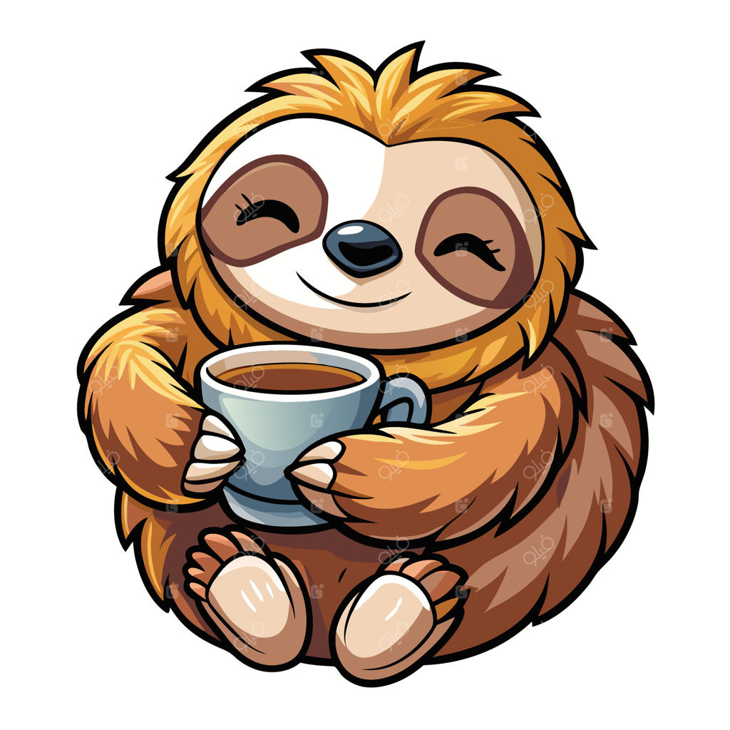 تنبل بامزه در حال نگه‌داشتن یک فنجان قهوه