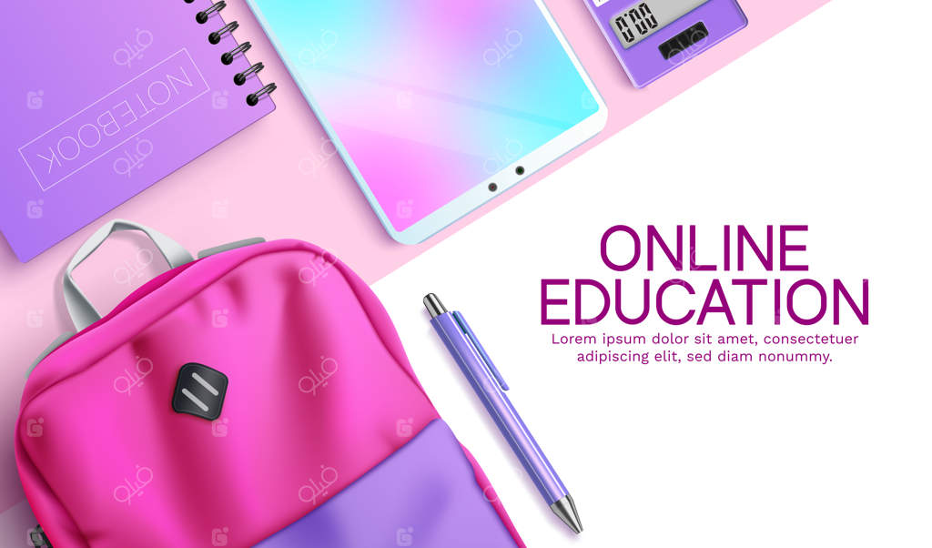 طراحی پس‌زمینه آموزش از راه دور - متن آموزش آنلاین با کوله‌پشتی و تبلت