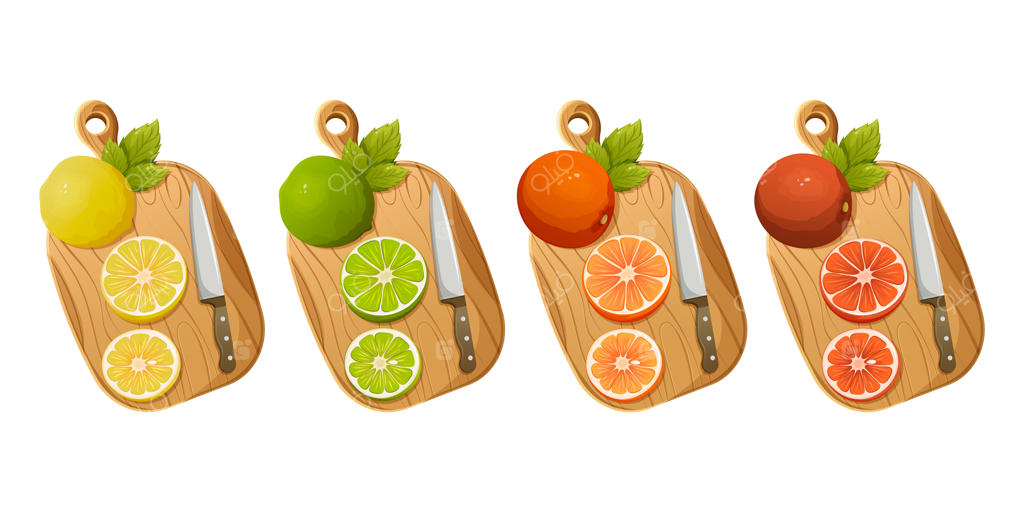 مجموعه‌ای از مرکبات روی تخته برش چوبی با چاقو: لیمو، لیموترش، پرتقال و گریپ‌فروت