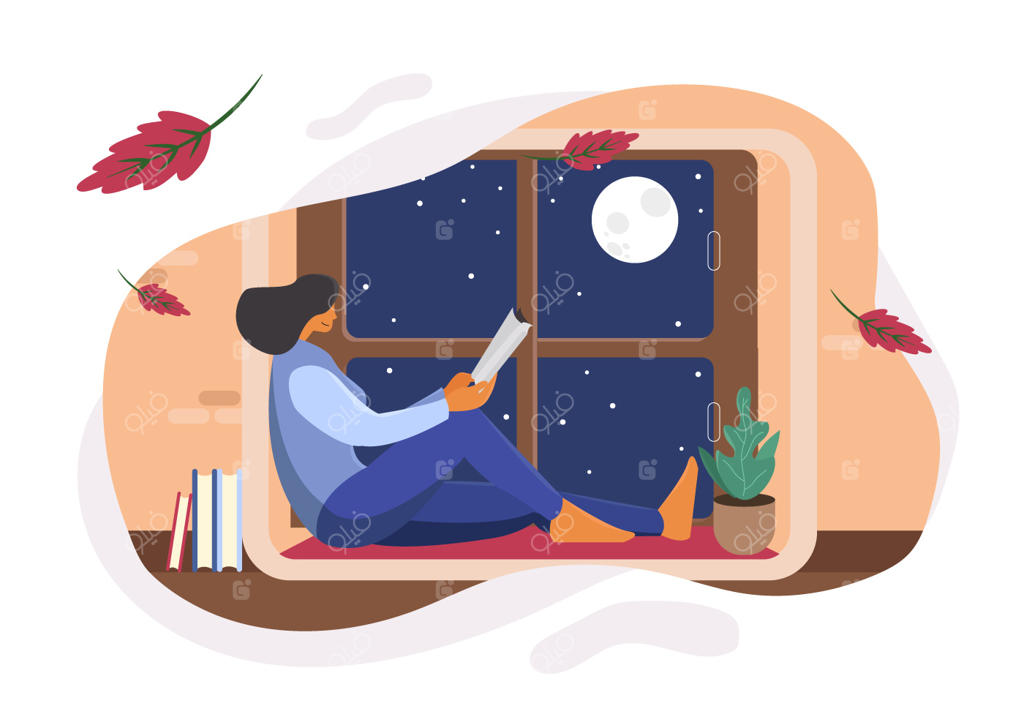 تصویر برداری دختر در حال خواندن کتاب در کنار پنجره