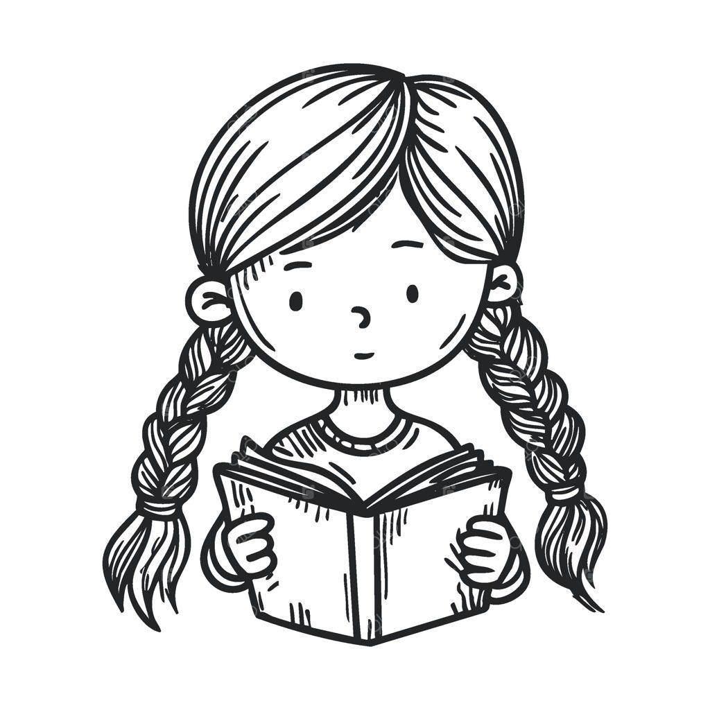 دختری جوان با موهای بافته که از خواندن داستان لذت می‌برد