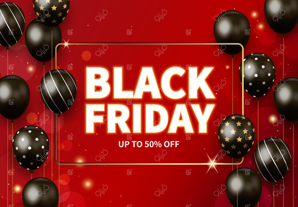 بنر حراج جمعه سیاه با زمینه قرمز، بادکنک‌های سیاه در دو طرف و نوشته «جمعه سیاه» در وسط