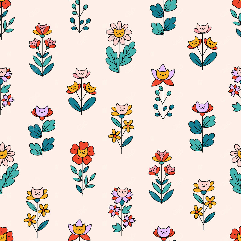 طرح یکپارچه گل‌های مزرعه و باغ با گربه‌های بامزه. گیاهان خیالی دست‌کشیده. چاپ قدیمی بوهو روی پس‌زمینه بژ. تزئینات گیاهی به سبک فولک.