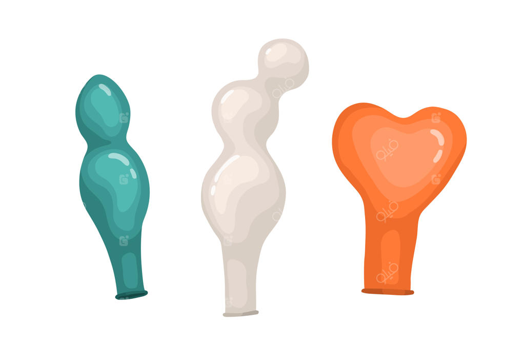 بادکنک‌های خالی و بدون باد: بادکنک‌های لاتکس رنگارنگ و متنوع در شکل‌های مختلف. تزیینات بادی بدون باد، تصویرسازی فلت از دکور بادی.