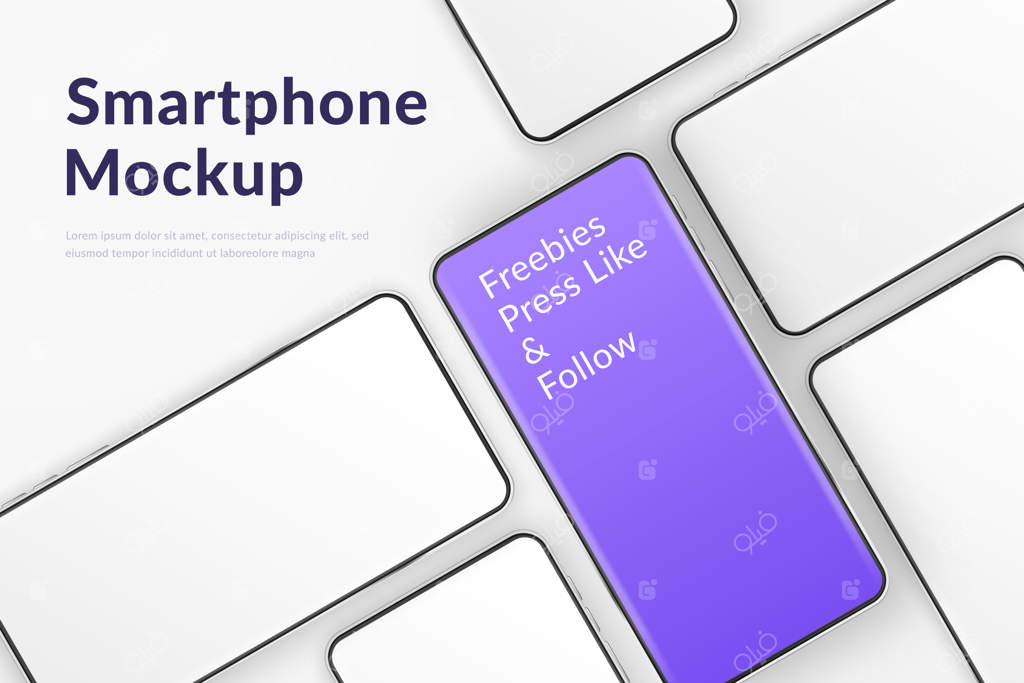 گوشی‌های هوشمند واقعی: موبایل‌هایی با صفحه سفید خالی و یکی بنفش. قالب تلفن‌های همراه مدرن بر روی زمینه سفید. تصویرسازی صفحه دستگاه