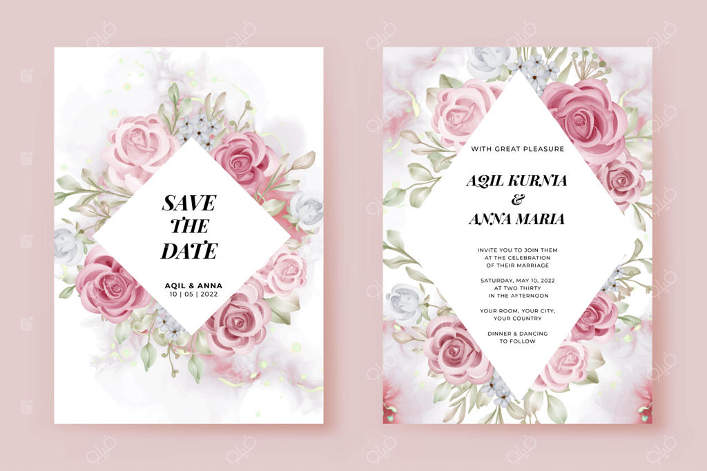 طرح دعوت‌نامه عروسی شیک با الگوی گل رز