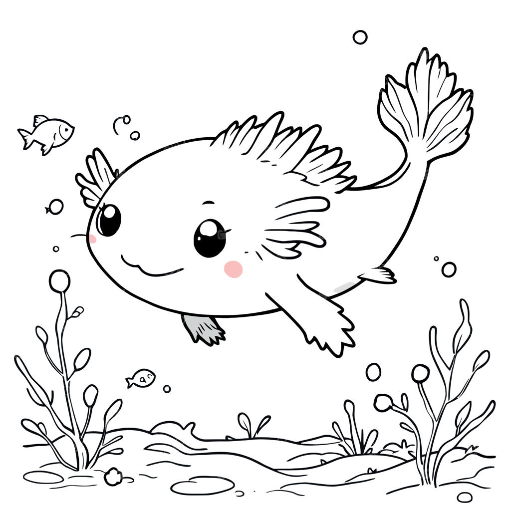 صفحه رنگ‌آمیزی کودکانه: آکسولوتل در حال شنا در کنار جلبک‌های دریایی