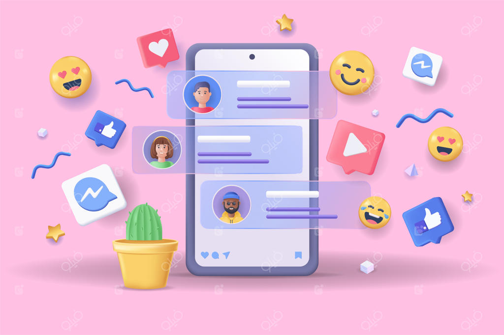 مفهوم ارتباطات اجتماعی - ترکیب آیکون سه‌بعدی همراه با نمایشگر گوشی هوشمند