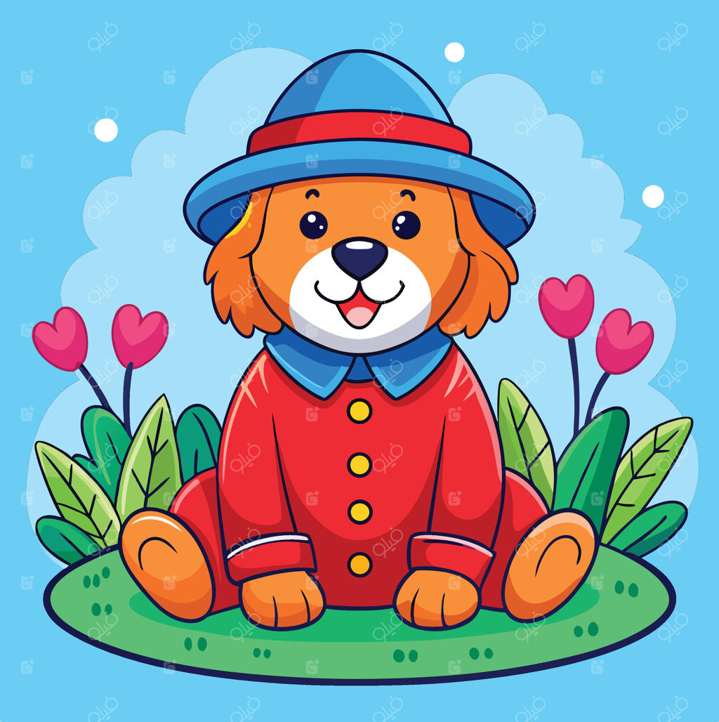 تصویر سگ کارتونی با کلاه و پالتو در میان گل‌های قلب‌ شکل
