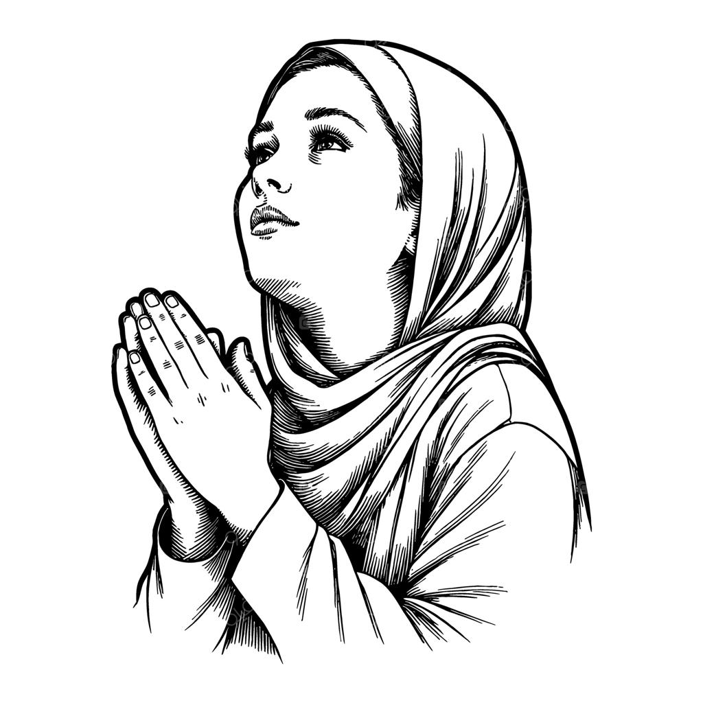 طراحی خطی سیاه و سفید دختر باحجاب در حال دعا با دستان به هم پیوسته و نگاه رو به بالا