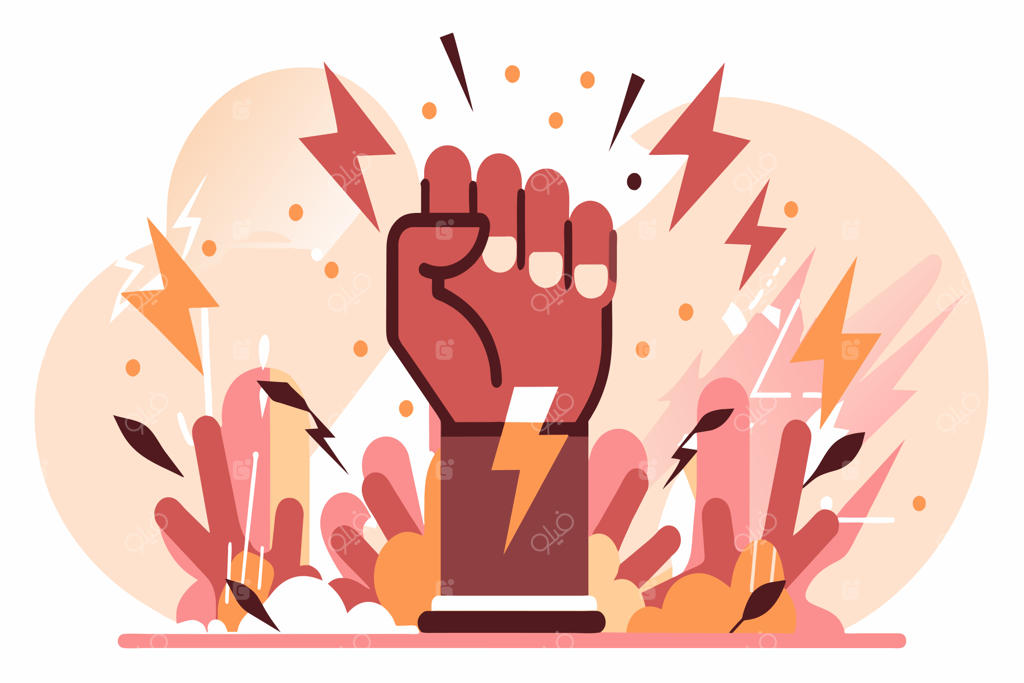 مشت گره‌کرده استایلیزه به نشانه اعتراض یا قدرت در میان شعله‌های آتش و صاعقه