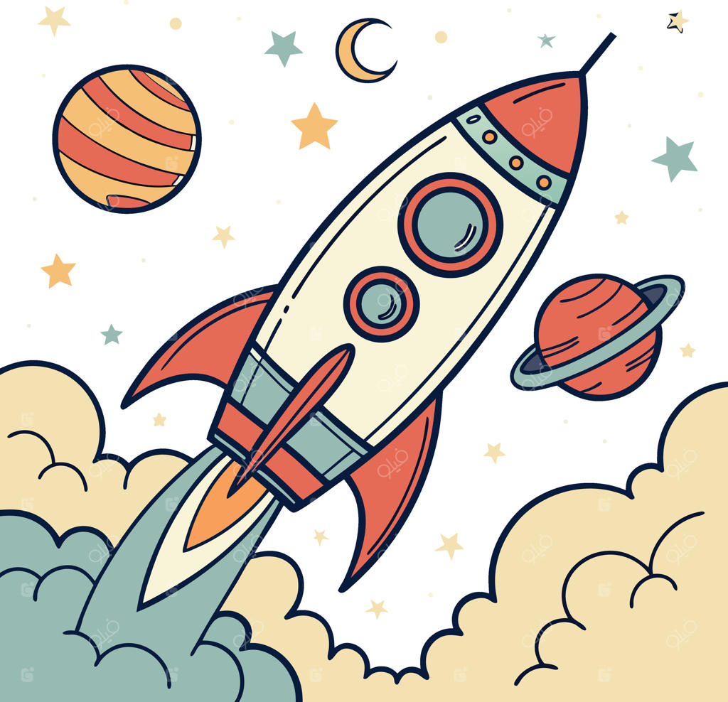 موشک کارتونی در حال پرواز در فضا با سیاره‌ها، ستاره‌ها، ماه و ابرها به سبک رنگارنگ