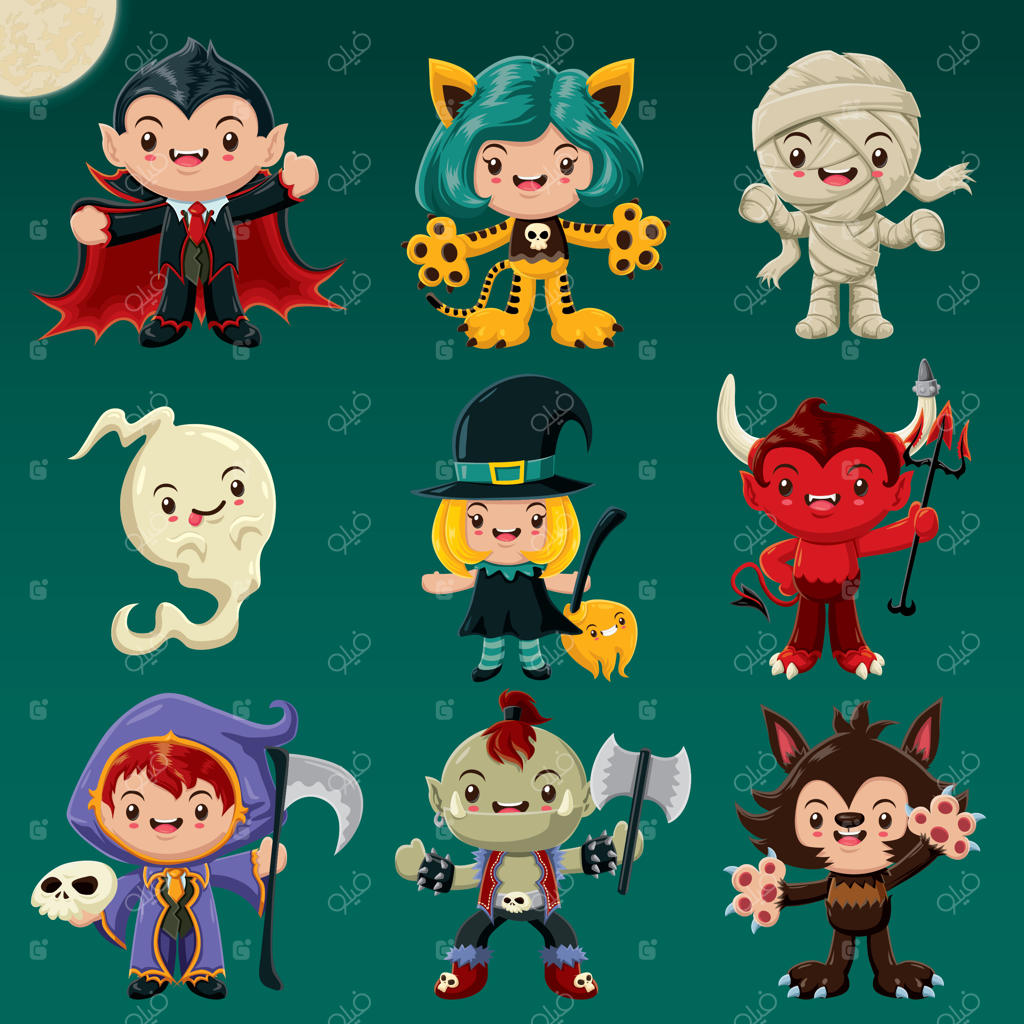 طراحی پوستر هالووین کلاسیک با وکتور جادوگر، خون‌آشام، مومیایی و شیاطین