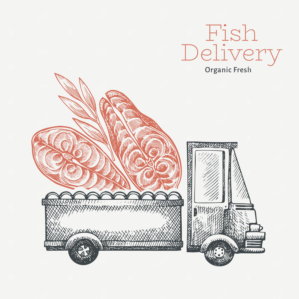 لوگوی تحویل ماهی‌فروشی: تصویر کامیون با طراحی ماهی به سبک حکاکی قدیمی.