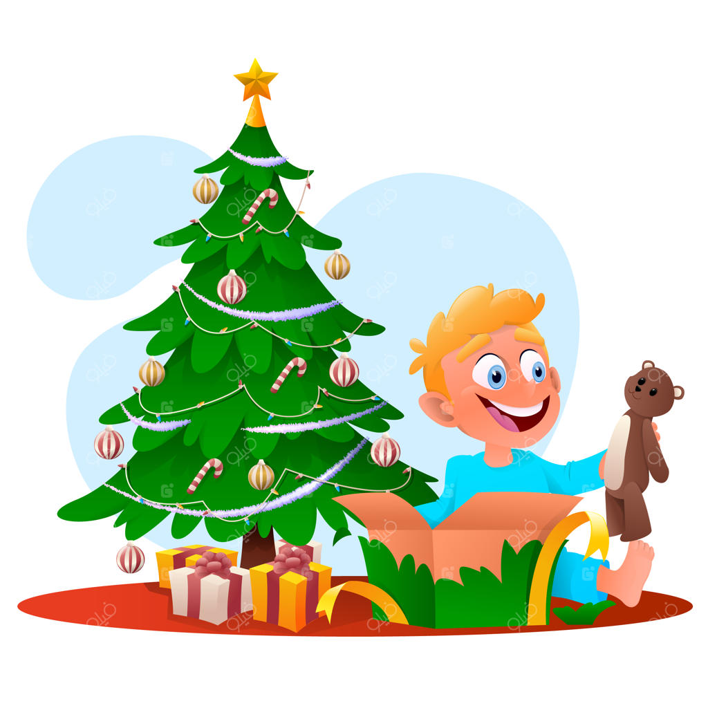 پسر کارتونی در حال باز کردن هدیه کریسمس