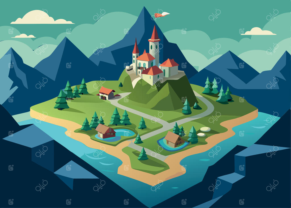 قلعه فانتزی با برج. دژ جادویی قرون وسطایی. معماری پادشاهی افسانه‌ای. ساختمان کاخ کوهستانی. منظره زیبای کارتونی. عمارت سلطنتی.